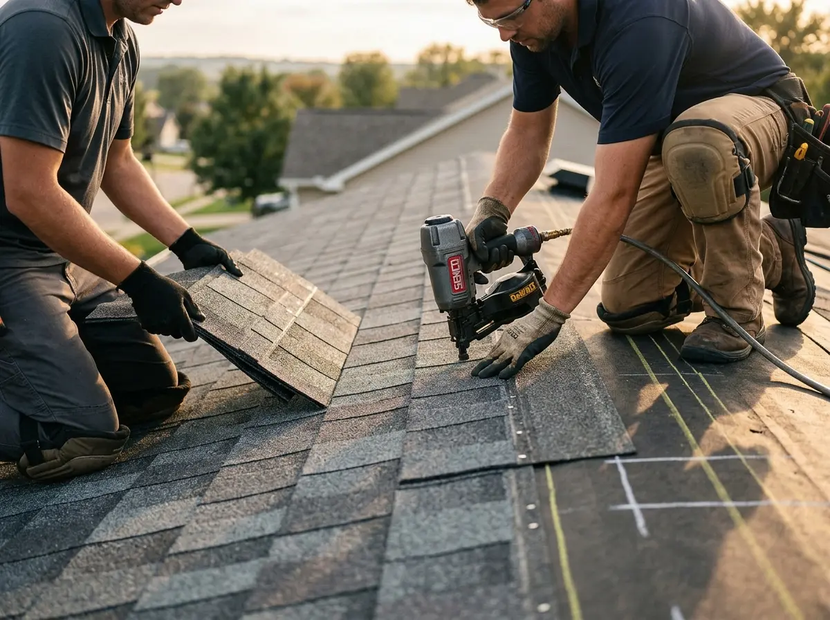 Professional roofer working on a residential roof in Stowe